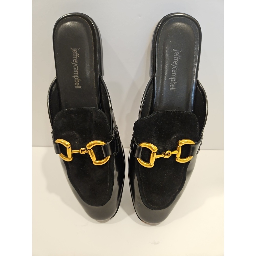 Jeffrey Campbell Women Size 9.5  Black Slip On Backless Mule Shoe w/ Gold Buckle
